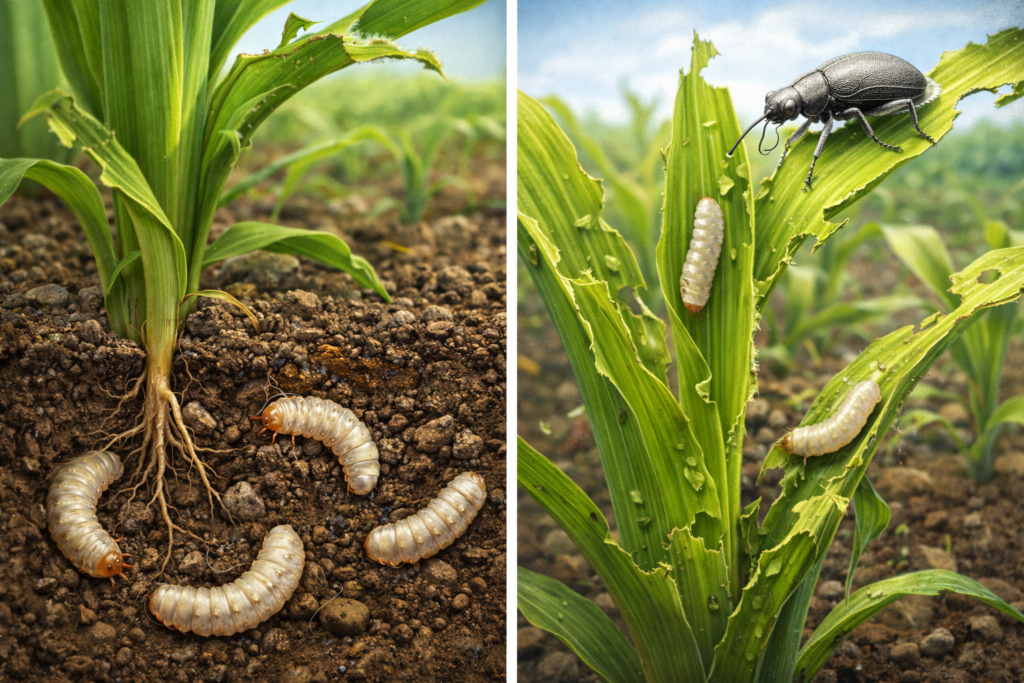 Larve sive kukuruzne pipe, šteta na kukuruzu, insekti u zemljištu